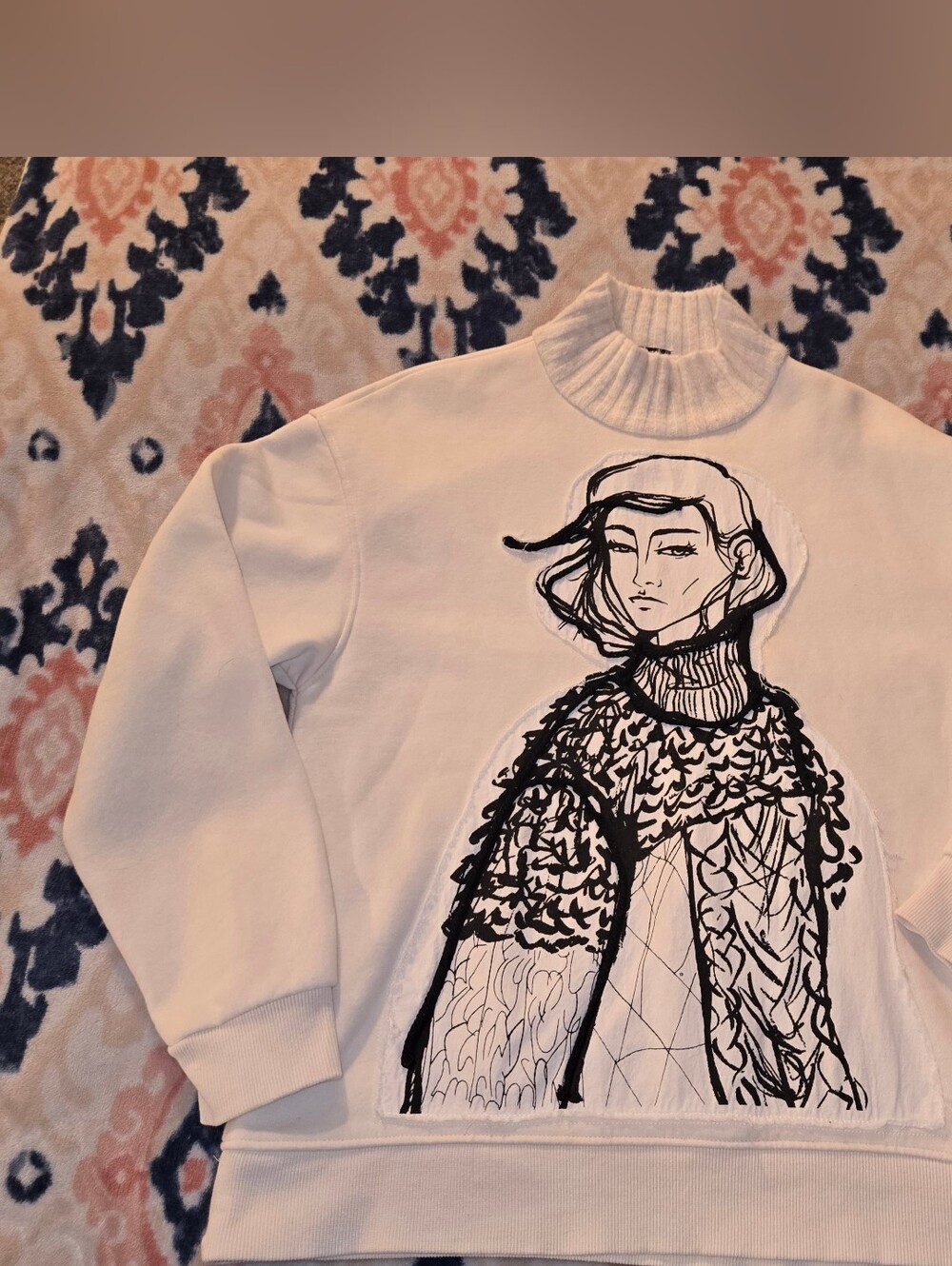 Zara White Turtleneck Sweater with Black Graphic Illustration